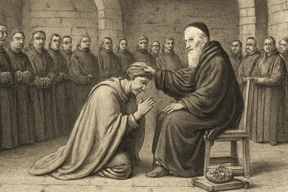 Engraving-style scene of a crowned emperor kneeling before an abbot in a monastery chapter house, as monks look on