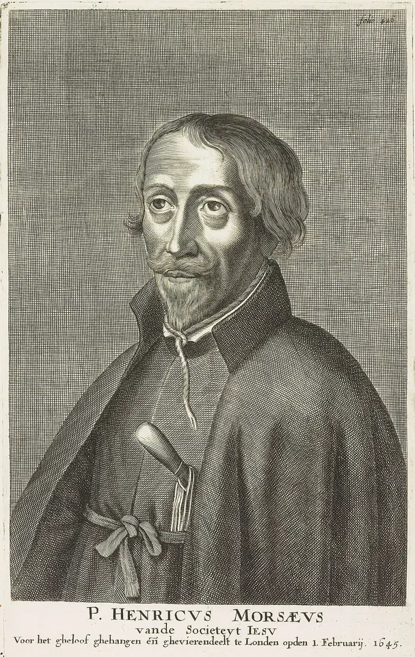 Old engraving of a priest with a lined face, mustache and pointed beard, in a black cassock and cloak, a cord around his neck and a knife tucked in his sash, above his Latin name and a Dutch inscription