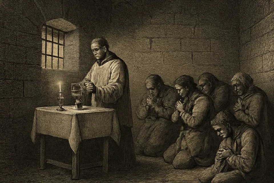 Engraving-style scene of a priest saying Mass at dawn in a stone prison cell while kneeling prisoners pray