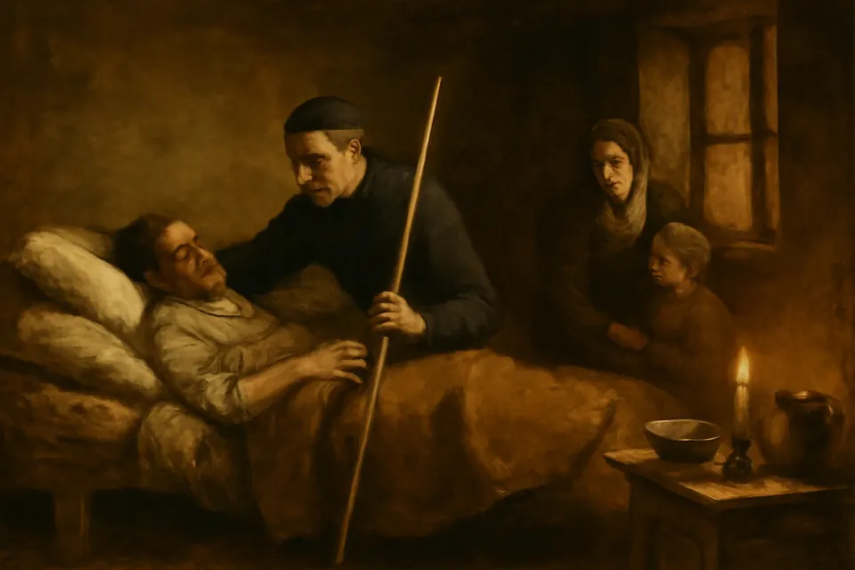 Painting-style scene of a priest with a white staff sitting at the bedside of a plague-stricken man in a poor London room, a woman and child nearby