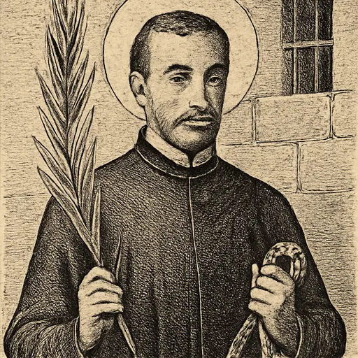 Engraving-style portrait of St. Henry Walpole, a lean bearded Jesuit priest in a black cassock holding a martyr's palm and a rope