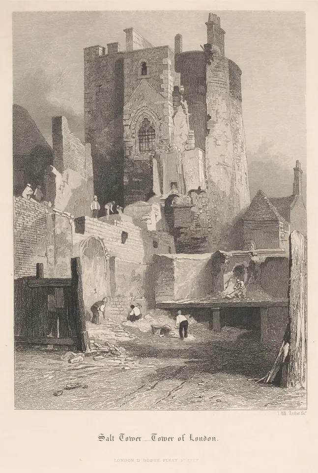 A nineteenth-century print of a tall, battered medieval stone tower rising above low buildings and a yard