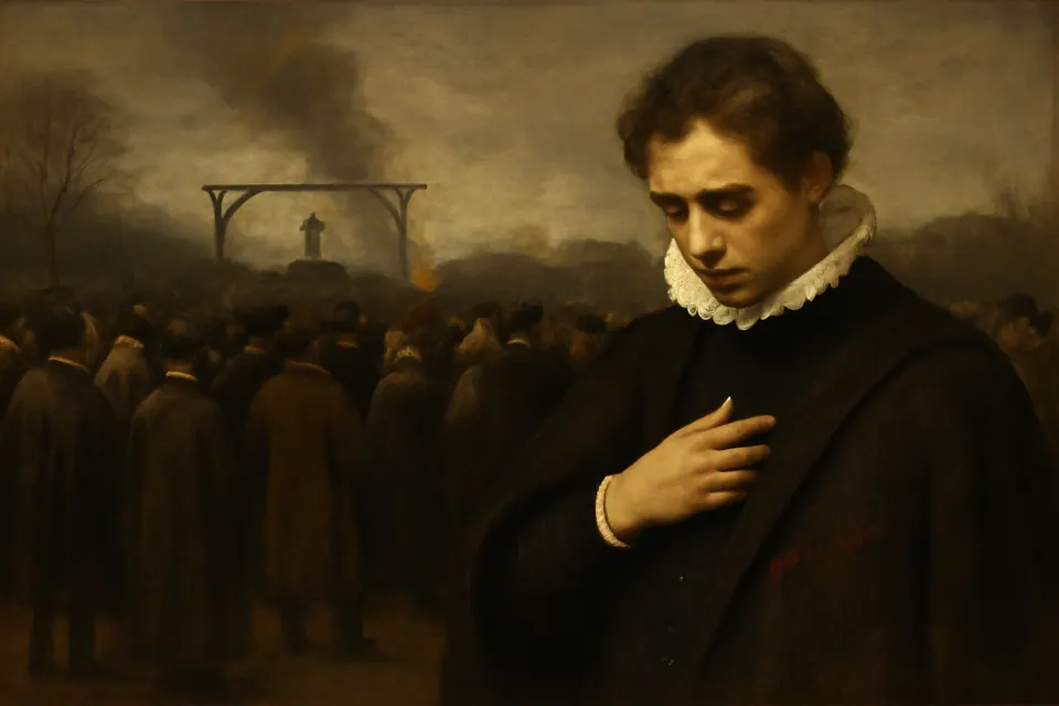 Oil-painting-style scene of a young man in Elizabethan dress in a crowd at Tyburn, looking down at drops of blood on his sleeve as a scaffold stands behind