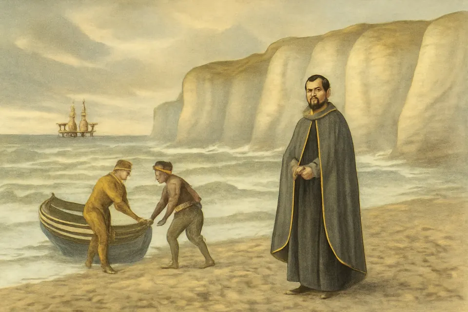 Watercolor-style scene of three men put ashore from a small boat under the white chalk cliffs of Flamborough Head on a stormy December day