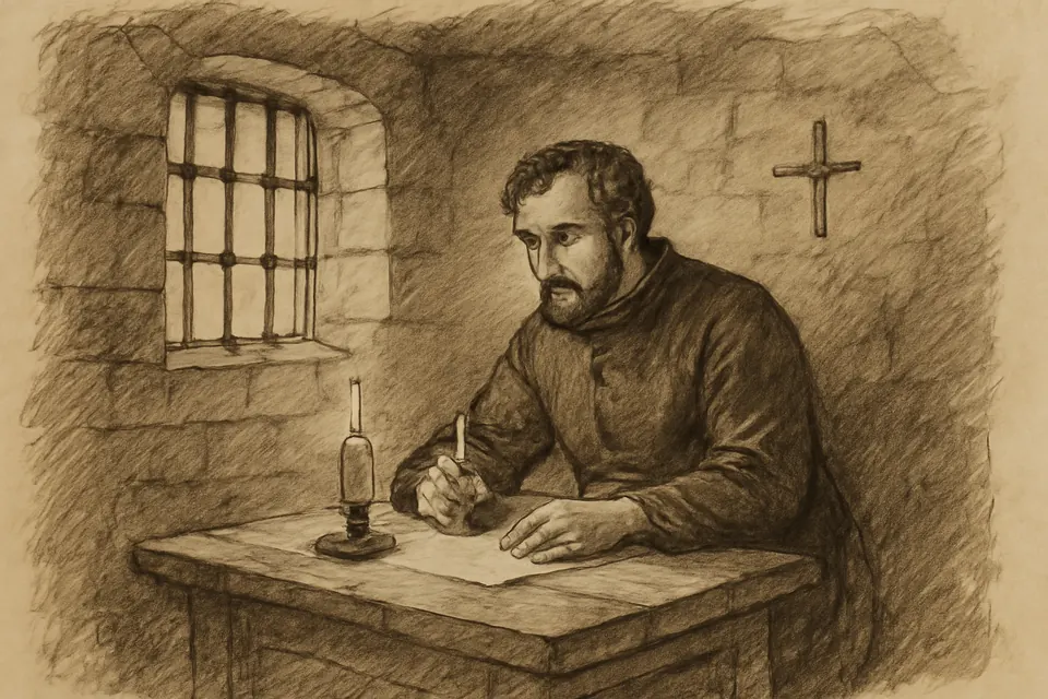 Ink-drawing-style scene of a priest with bandaged, stiff hands trying to write by candlelight in a stone prison cell