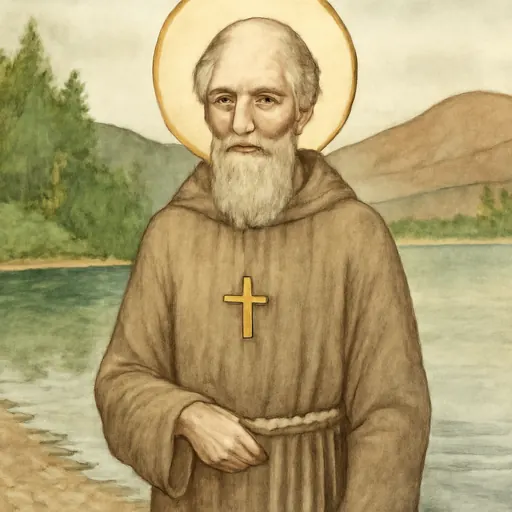Watercolor-style portrait of St. Herbert of Derwentwater, an elderly Anglo-Saxon priest-hermit in a plain wool robe, standing on a wooded island shore with a lake and fells behind him