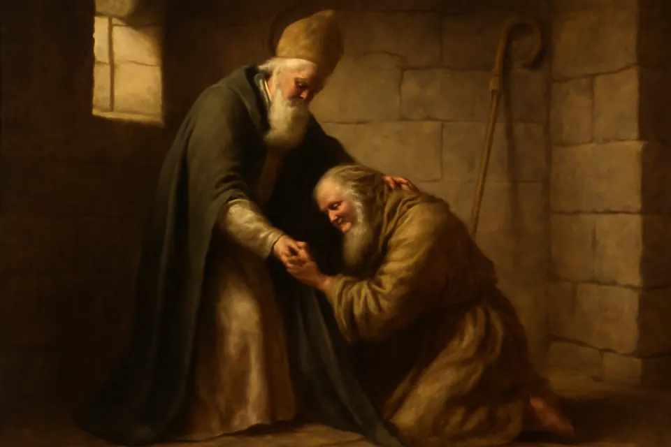 Oil-painting-style scene of a hermit kneeling in tears at the feet of an old bishop, who raises him up with a blessing in a simple stone room