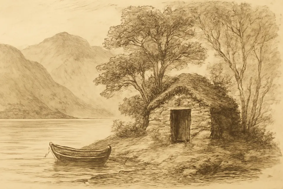 Ink-drawing-style scene of a small hermit's cell of stone and turf among trees on a lake island, with a little boat pulled up on the shore