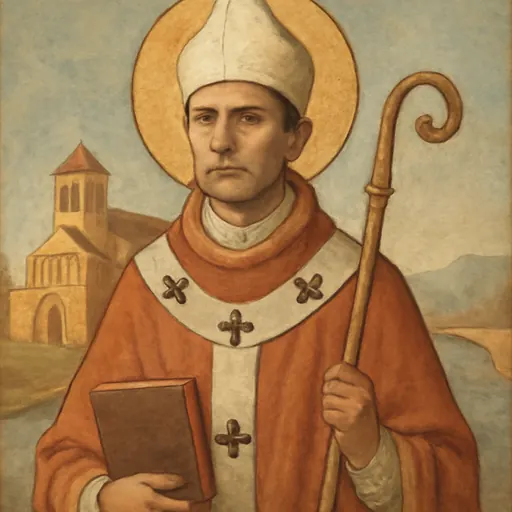 Fresco-style portrait of St. Heribert of Cologne, a dark-haired archbishop in a gold-trimmed chasuble and white pallium holding a crozier and a book