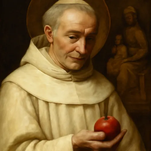 Oil-painting-style portrait of St. Hermann Joseph, a gentle Premonstratensian canon in a white habit holding a red apple