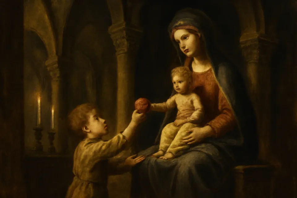 Oil-painting-style scene of a poor little boy holding up a red apple to a carved statue of the Virgin and Child in a Romanesque church