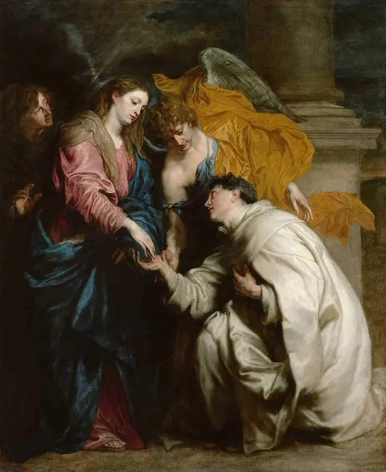 Oil painting of a kneeling canon in a white habit whose hand is taken by the Virgin Mary in red and blue, with angels behind her