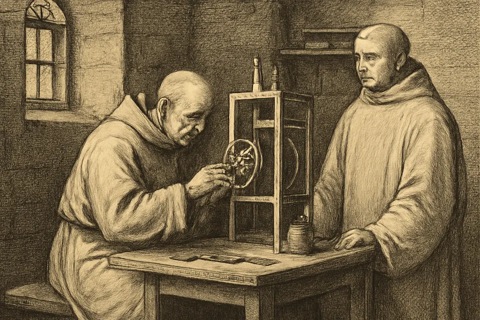 Engraving-style scene of an elderly canon in a white habit carefully repairing the gears of a medieval clock at a workbench