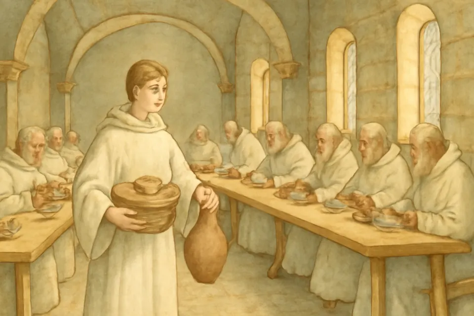 Watercolor-style scene of a young canon in a white habit serving bread and bowls to his brothers at long tables in a monastery refectory