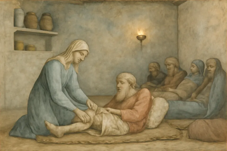 Fresco-style illustration of a young woman tending sick and poor people in a simple house of healing