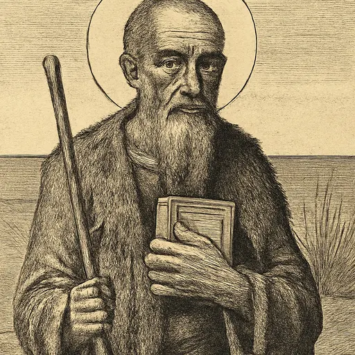 Engraving-style portrait of St. Hilarion, an old, gaunt hermit with a long divided beard, in a sackcloth tunic and a cloak of skins, holding a book of the Gospels by the sea