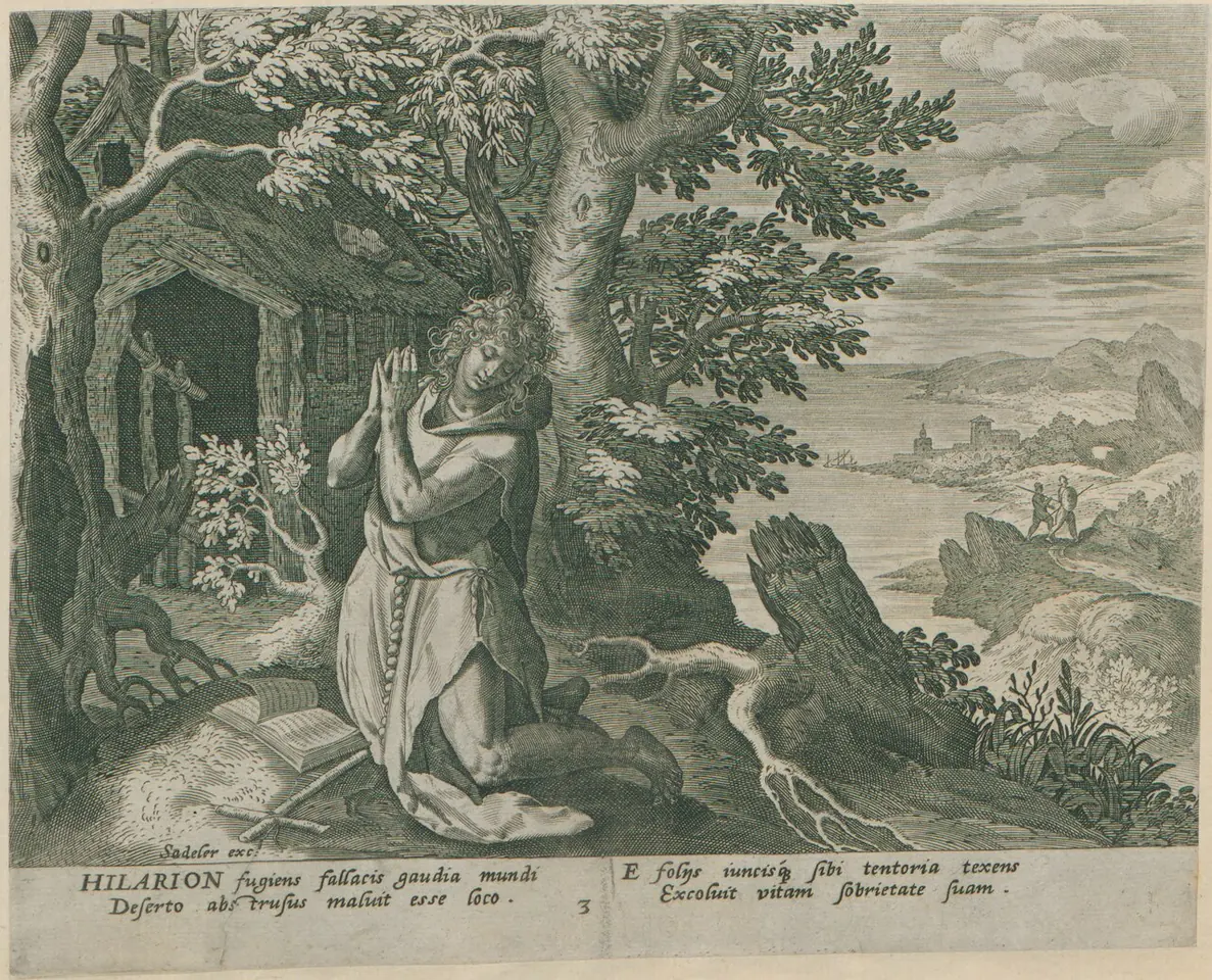 Engraving of a hermit kneeling in prayer beneath a large tree beside a small hut, with a wide landscape and the sea behind him