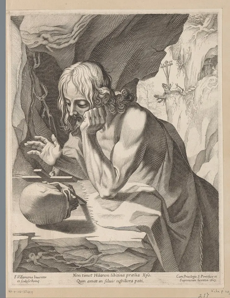 Engraving of a bearded hermit seated in a rocky cave, resting his head on his hand and looking down at a skull and a small cross