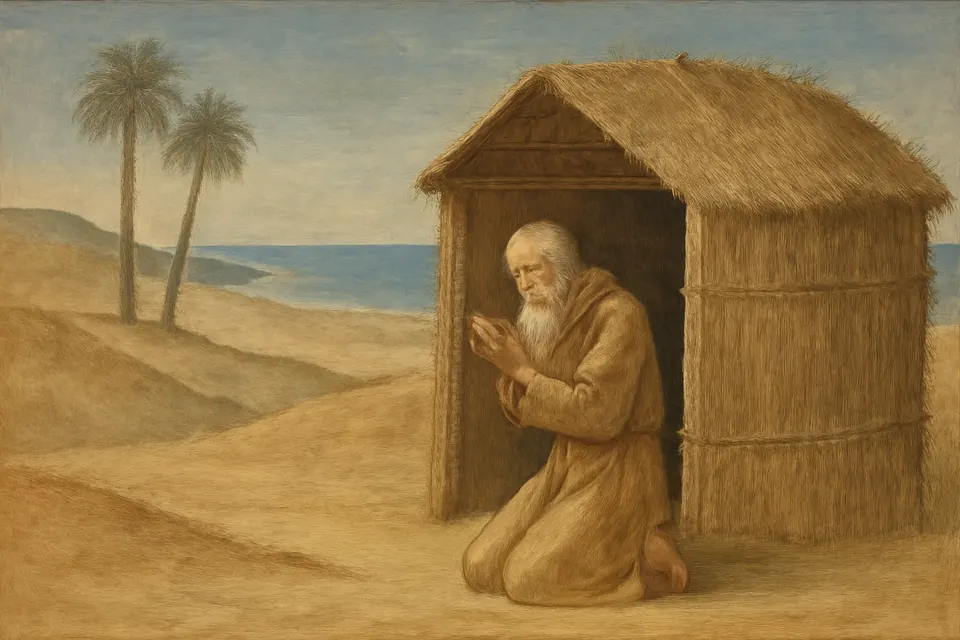 Fresco-style scene of an old hermit in sackcloth kneeling in prayer in a small reed hut in the coastal desert, with palms and the sea beyond