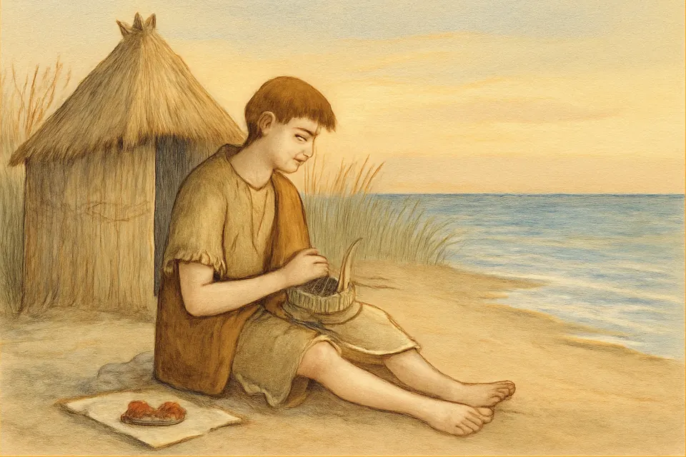 Watercolor-style illustration of the young Hilarion weaving a basket of rushes outside his small reed hut between the sea and a marsh