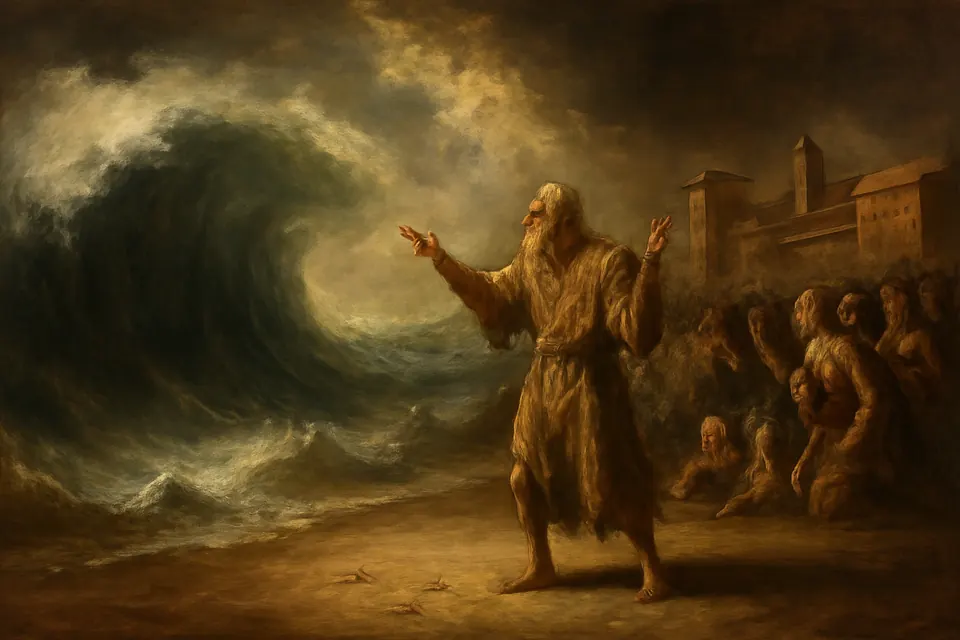 Oil-painting-style scene of the aged Hilarion on the shore at Epidaurus, raising his hands as a great wave stands still before the frightened townspeople