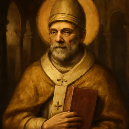 Oil-painting-style portrait of Pope St. Hilarius, an elderly bearded pope in a white pallium and gold cope, holding a closed book, with a Roman basilica behind him