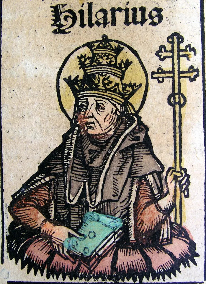Hand-colored woodcut of a pope labeled Hilarius, wearing a triple crown and a red cloak, holding a green book and a tall double-barred cross
