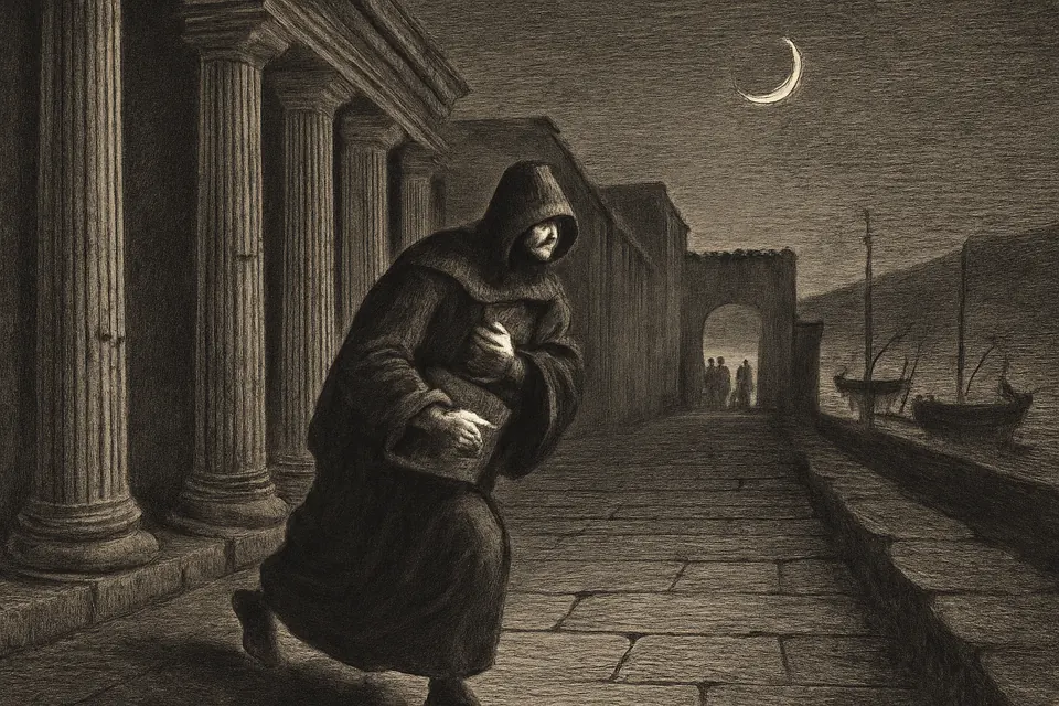 Engraving-style illustration of a Roman deacon slipping away by night through the colonnaded streets of ancient Ephesus toward the harbor