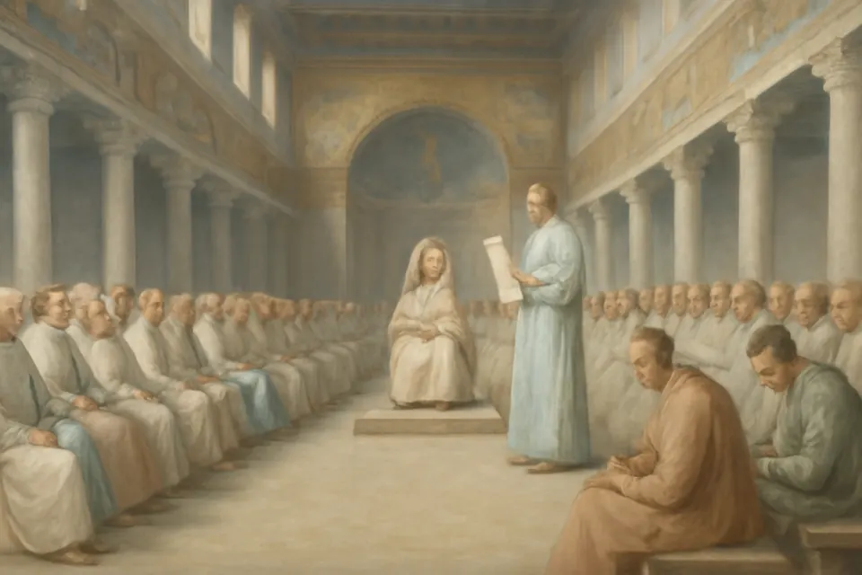 Fresco-style illustration of a pope presiding over a synod of bishops seated in a semicircle inside the nave of Santa Maria Maggiore in Rome