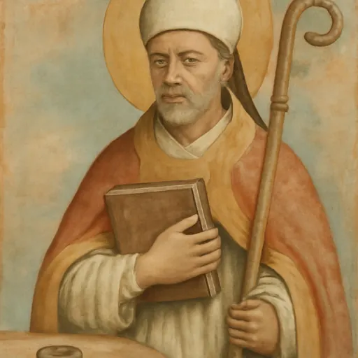 Fresco-style portrait of St. Hilary of Poitiers as a gray-bearded bishop in a white miter, holding a book and a crozier