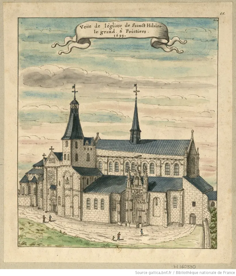 Hand-colored 17th-century drawing of a large Romanesque church with two spires and a tall bell tower on a grassy rise, with a few small figures in front