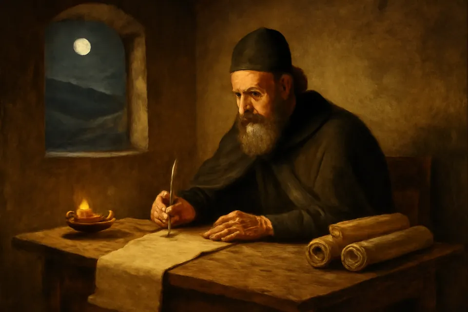 Illustration of St. Hilary writing by lamplight in a bare room during his exile in Phrygia