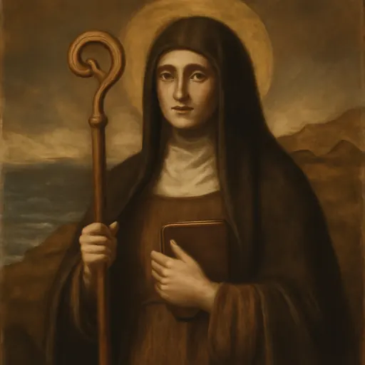 Oil-painting-style portrait of St. Hilda of Whitby as a middle-aged Anglo-Saxon abbess in a dark veil and mantle, holding a crozier and a book