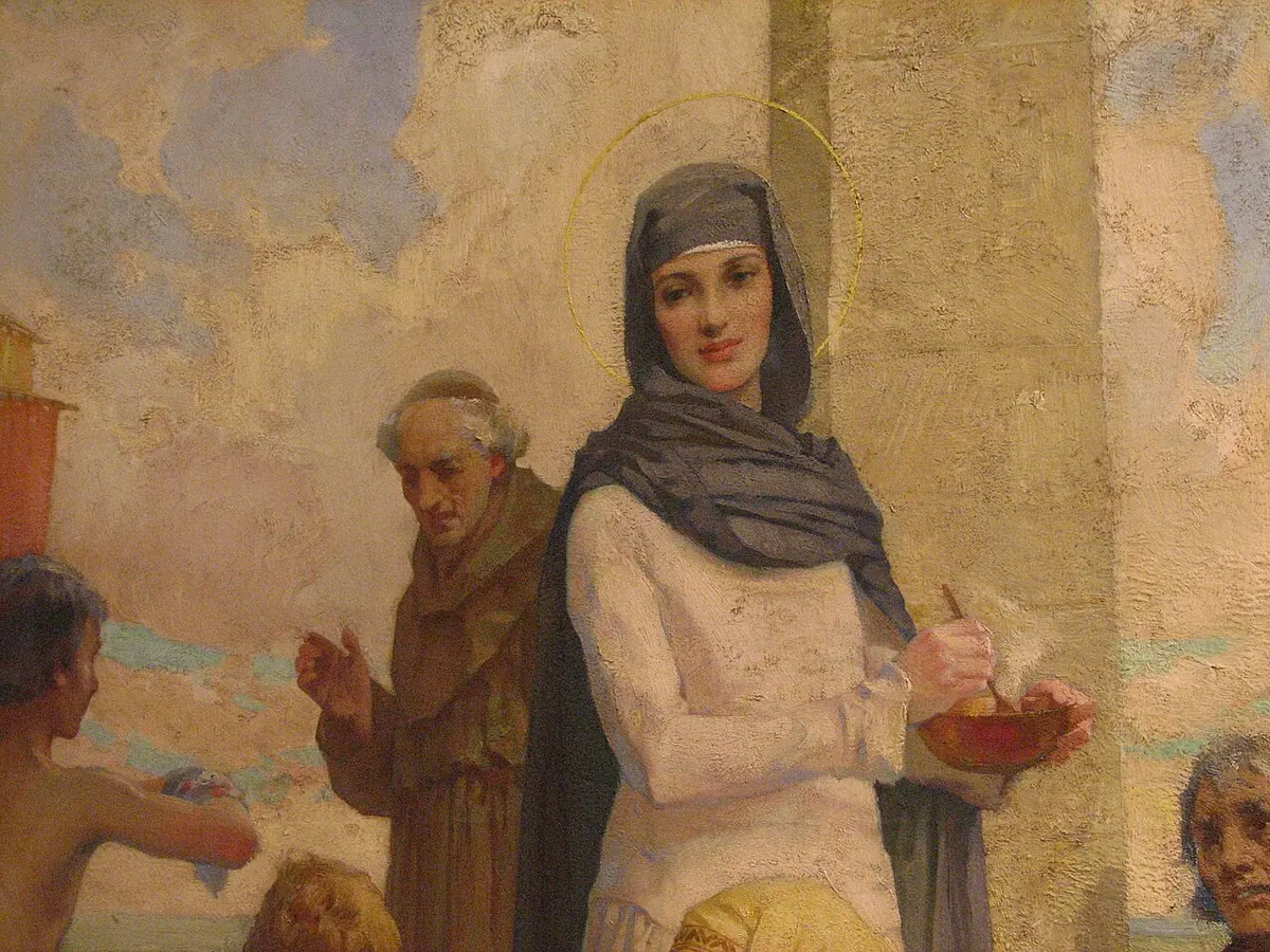 Detail of an oil painting of a young abbess in a gray veil holding a bowl, standing beside an old monk while children gather around her