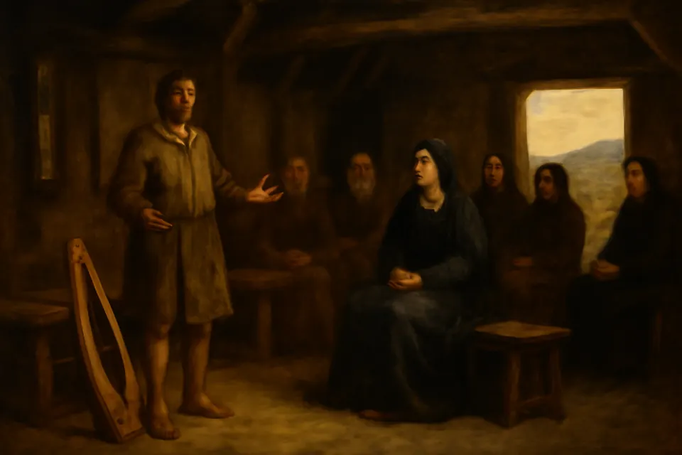 Illustration of the cowherd Caedmon singing his verses before Abbess Hilda and learned monks