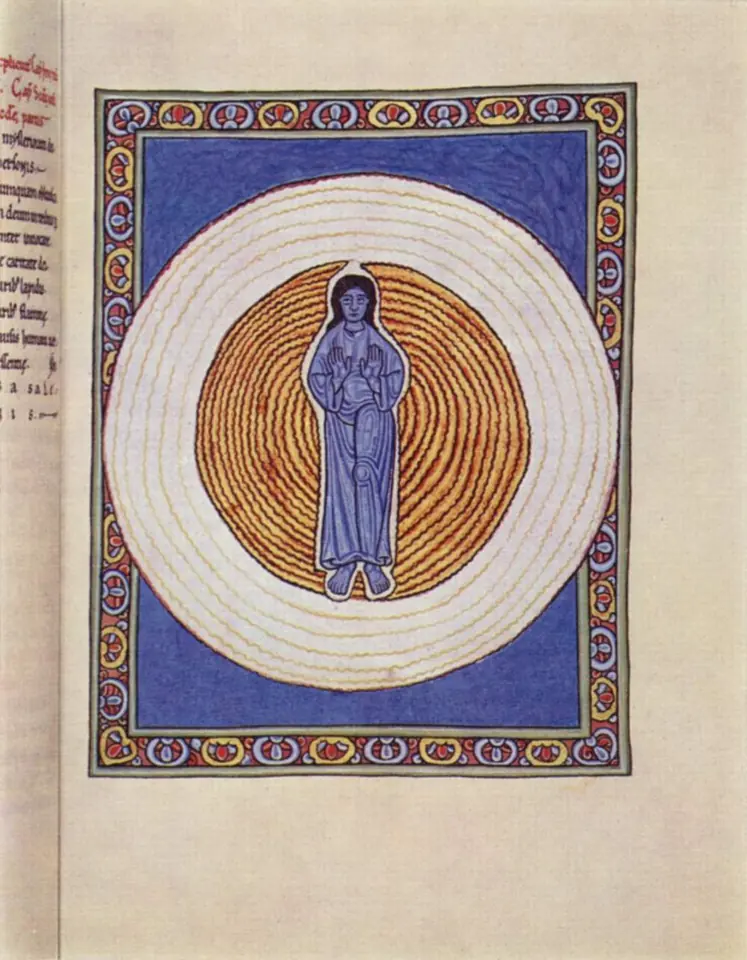 Medieval illumination of a blue human figure with raised hands standing inside a ring of golden flame and an outer ring of white light, on a deep blue ground