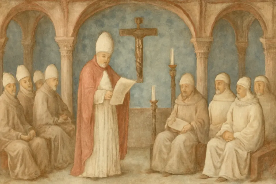 Illustration of a pope in white and red reading from a manuscript aloud to seated bishops and abbots in a medieval hall