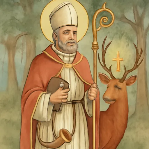 Oil-painting-style portrait of St. Hubert as a bishop in a white miter and red cope, holding a crozier, with a stag bearing a crucifix between its antlers at his side