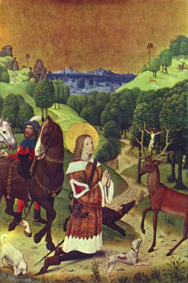 Late Gothic painting of a young man in a red-and-white hunting robe kneeling in a green landscape before a stag with a crucifix between its antlers, his horse and hounds beside him