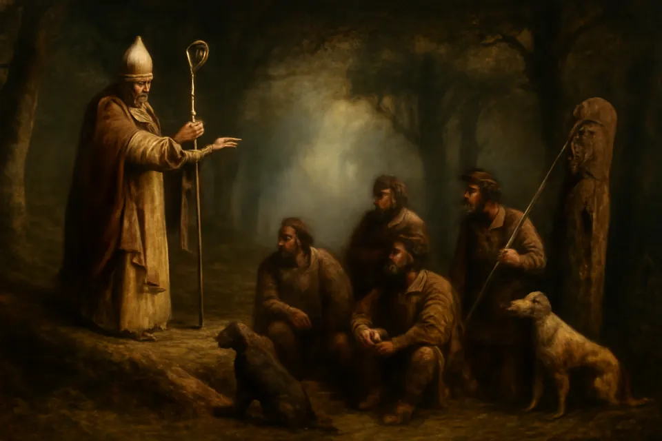 Illustration of Bishop Hubert preaching to forest dwellers in a clearing of the Ardennes