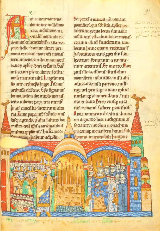 Manuscript page with two columns of Latin text and, below, a painted miniature of a pope and clergy consecrating an altar inside a domed church