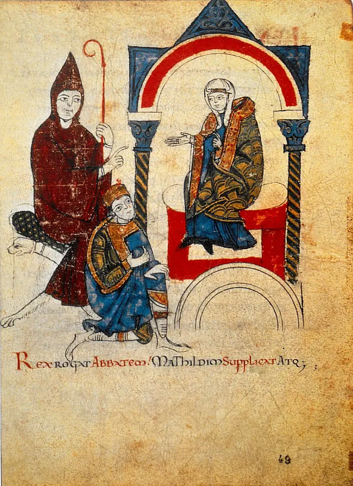 Medieval miniature of a hooded abbot with a crozier seated on the left, a kneeling king in the center and a crowned countess enthroned under an arch on the right