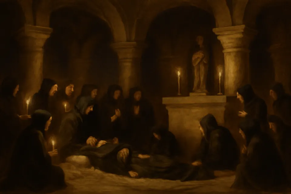 Painting-style scene of an aged abbot lying on sackcloth and ashes before an altar of the Virgin as his monks kneel around him by candlelight