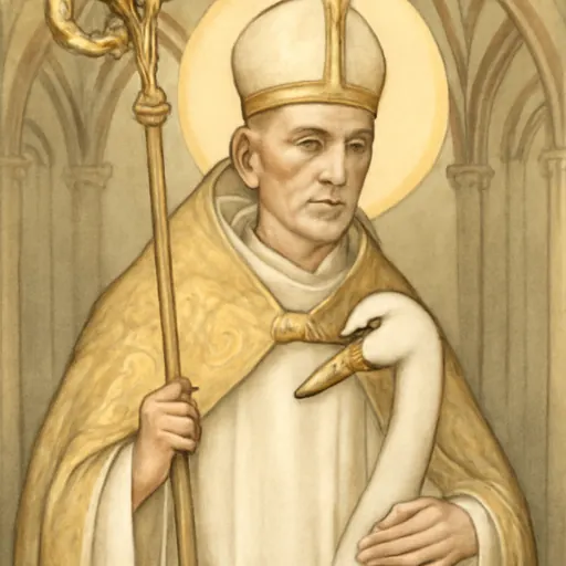 Oil-painting-style portrait of St. Hugh of Lincoln as a lean bishop in a white Carthusian habit and gold miter, with a white swan at his side