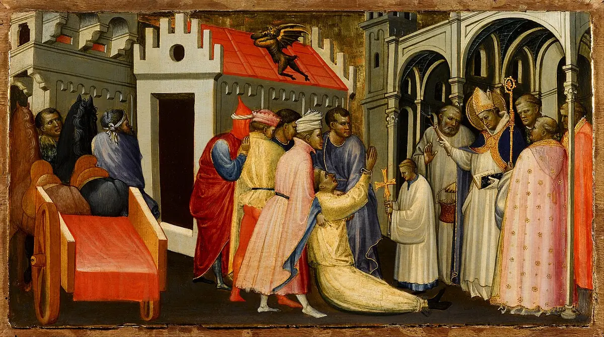 Early Renaissance panel of a bishop in a white habit and miter blessing a kneeling man in yellow, while a small black devil flies off the roof of a building and a crowd looks on