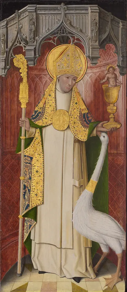 Late Gothic panel of a standing bishop in a white habit, gold cope and miter, holding a crozier and a gold chalice with the Christ Child, a white swan pressing against his side