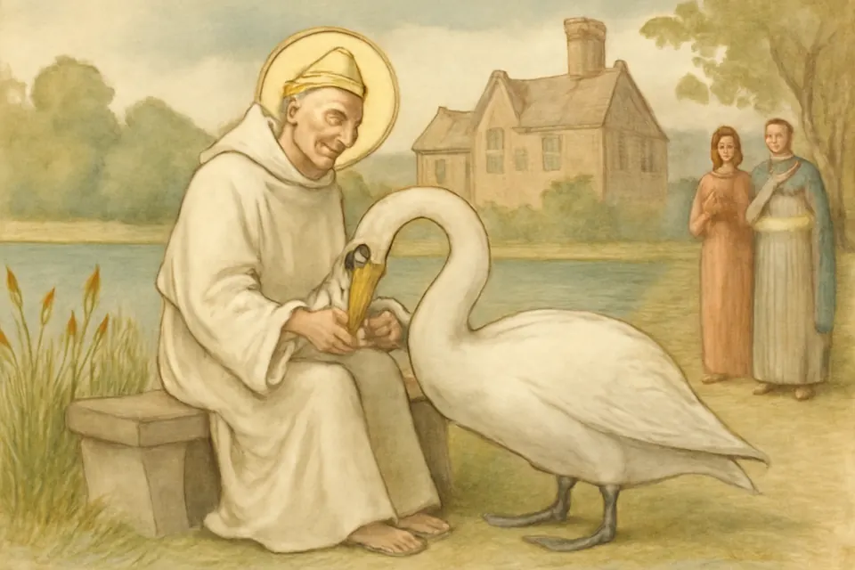 Watercolor-style illustration of a large white swan resting its head and neck inside the wide sleeve of a smiling bishop as he feeds it bread beside a lake