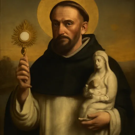 Oil-painting-style portrait of St. Hyacinth as a Dominican friar in a white habit and black cloak, holding a golden monstrance in one hand and a small statue of the Virgin and Child in the other