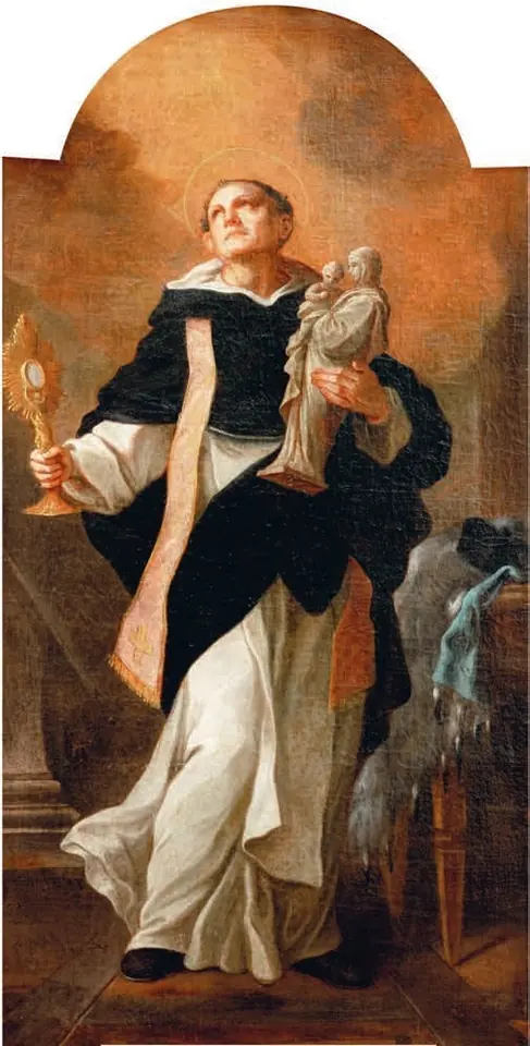 Painting of a Dominican friar in a white habit and black cloak striding forward with a golden monstrance in one hand and a white statue of the Virgin and Child in the other, looking up toward the light