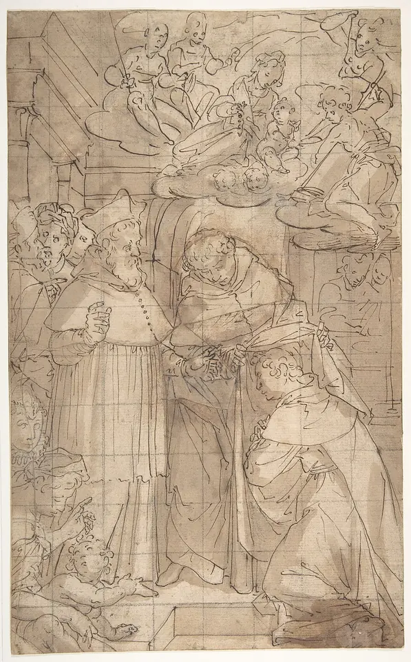 Brown ink and wash drawing of a young man kneeling before St. Dominic to be clothed in the Dominican habit, with a bishop and friars watching and angels above